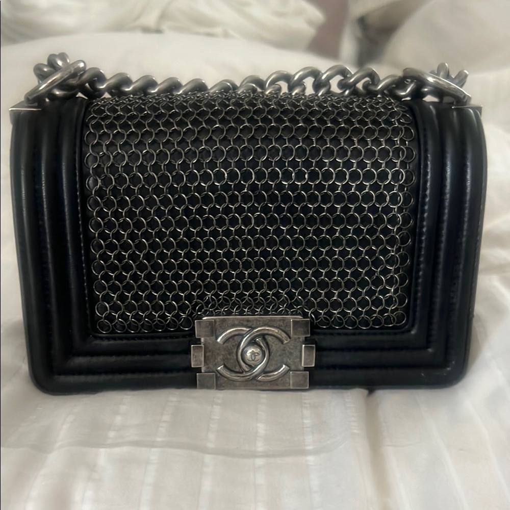 CHANEL Black chain mail boy bag